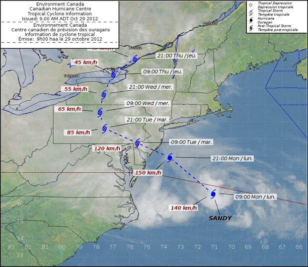 Hurricane Sandy tracking information issued as of 9 a.m. ADT Oct. 29;2012.